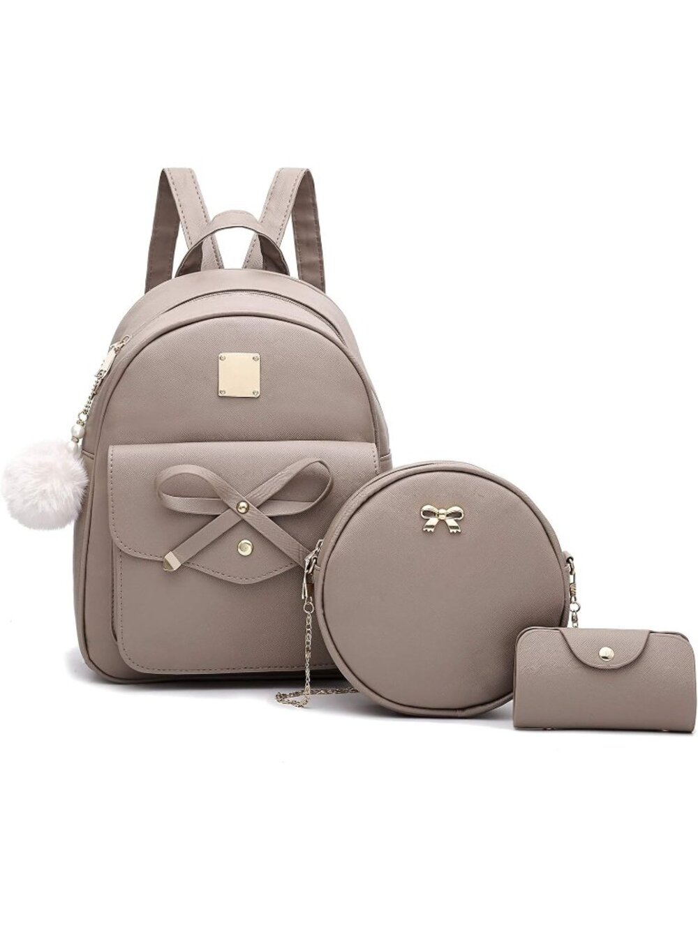 Women Dark Apricot PU Leather lightweight Fahsion 3-Pieces Backpack Shoulder Bag